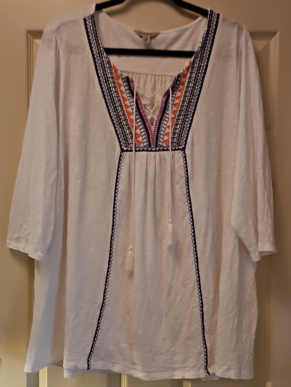 Lucky Brand White Peasant Tunic with Navy and Multicolor Embroidery